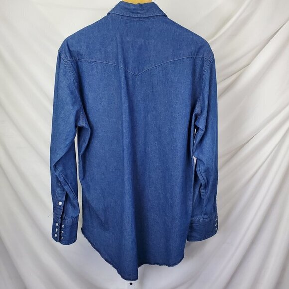 WRANGLER Denim Pearl Snap Western Workwear Shirt Blue Cotton Cowgirl (C-2) - Picture 5 of 9